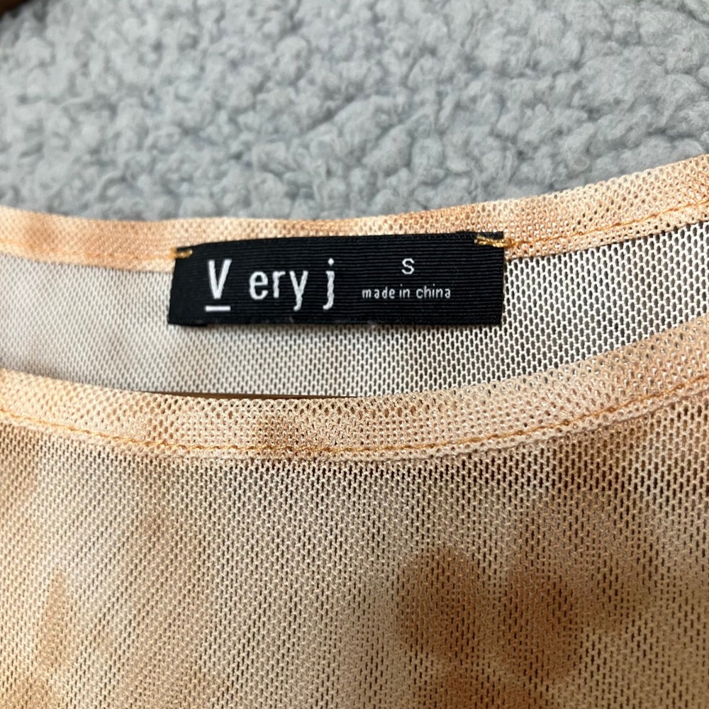 Y2K Very J Mesh Crop Top Women S Warm Tan Tie Dye Sheer Lettuce Hem Short Sleeve - Picture 2 of 3